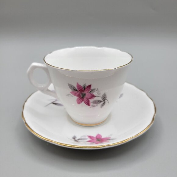 Royal Kent Staffordshire England Tea Cup Saucer Set Pink Gray Bone China - Picture 4 of 9